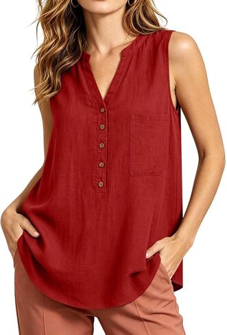Women's Tank Top V Neck Beach Sleeveless Pocket Fashion | Tank Tops for Women Summer Shirts Button V Neck T-Shirts Beach Vacation Sleeveless Tees Fashion Clothing with Pocket in Kuwait