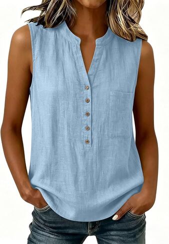 Women's Tank Top V Neck Beach Sleeveless Pocket Fashion | Tank Tops for Women Summer Shirts Button V Neck T-Shirts Beach Vacation Sleeveless Tees Fashion Clothing with Pocket in Kuwait
