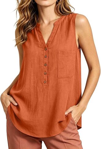 Women's Tank Top V Neck Beach Sleeveless Pocket Fashion | Tank Tops for Women Summer Shirts Button V Neck T-Shirts Beach Vacation Sleeveless Tees Fashion Clothing with Pocket in Kuwait