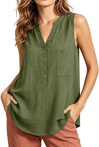 Women's Tank Top V Neck Beach Sleeveless Pocket Fashion | Tank Tops for Women Summer Shirts Button V Neck T-Shirts Beach Vacation Sleeveless Tees Fashion Clothing with Pocket in Kuwait