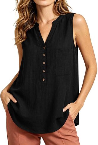 Women's Tank Top V Neck Beach Sleeveless Pocket Fashion | Tank Tops for Women Summer Shirts Button V Neck T-Shirts Beach Vacation Sleeveless Tees Fashion Clothing with Pocket in Kuwait