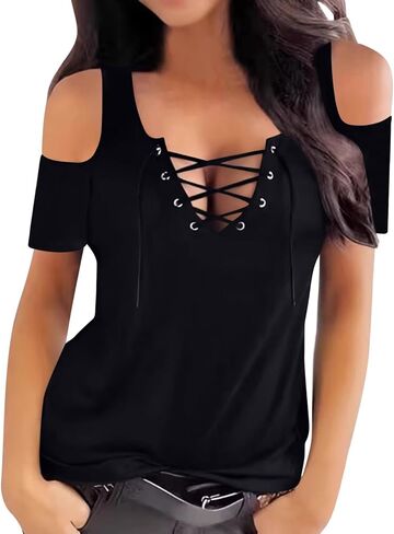 Women's Top V Neck Short Sleeve Tie Front Summer Casual | Womens Summer Cold Shoulder Tops Sexy Casual Short Sleeve Tie Front V Neck T Shirts Cute Loose Fit Blouse in Kuwait