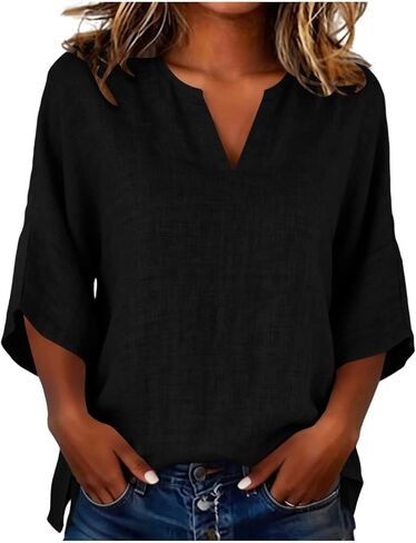 Women's Button Down Shirt 3/4 Sleeve Cotton Linen | Womens Cotton Linen Shirts 3/4 Sleeve Button Down Shirts Casual Loose Fit Vacation Beach Summer Tops in Kuwait
