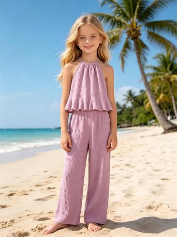 Girls' Clothing Sets Halter Neck Ruffle Top + Wide Leg Pants Set Tween Girls 2 Piece Summer Casual Outfit 8-12Y in Kuwait