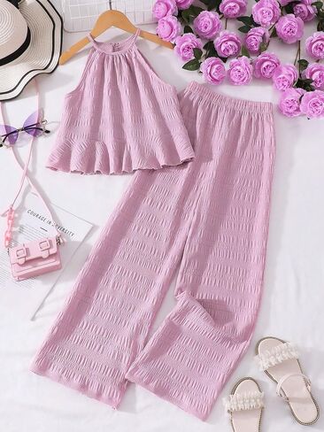 Girls' Clothing Sets Halter Neck Ruffle Top + Wide Leg Pants Set Tween Girls 2 Piece Summer Casual Outfit 8-12Y in Kuwait