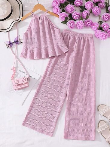 Girls' Clothing Sets Halter Neck Ruffle Top + Wide Leg Pants Set Tween Girls 2 Piece Summer Casual Outfit 8-12Y in Kuwait