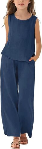 2 Piece Linen Set for Girls Cotton Linen Lounge Sets Tank Tops Matching Wide Leg Pants Kids Spring Summer Vacation Outfits in Kuwait