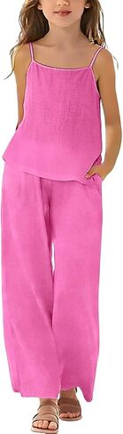 2 Piece Linen Set for Girls Cotton Linen Lounge Sets Tank Tops Matching Wide Leg Pants Kids Spring Summer Vacation Outfits in Kuwait