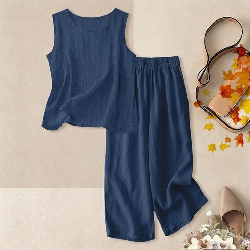 2 Piece Linen Set for Girls Cotton Linen Lounge Sets Tank Tops Matching Wide Leg Pants Kids Spring Summer Vacation Outfits in Kuwait