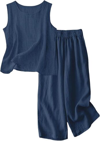 2 Piece Linen Set for Girls Cotton Linen Lounge Sets Tank Tops Matching Wide Leg Pants Kids Spring Summer Vacation Outfits in Kuwait