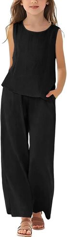 2 Piece Linen Set for Girls Cotton Linen Lounge Sets Tank Tops Matching Wide Leg Pants Kids Spring Summer Vacation Outfits in Kuwait