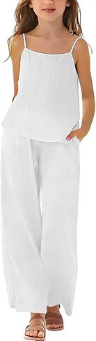 2 Piece Linen Set for Girls Cotton Linen Lounge Sets Tank Tops Matching Wide Leg Pants Kids Spring Summer Vacation Outfits in Kuwait