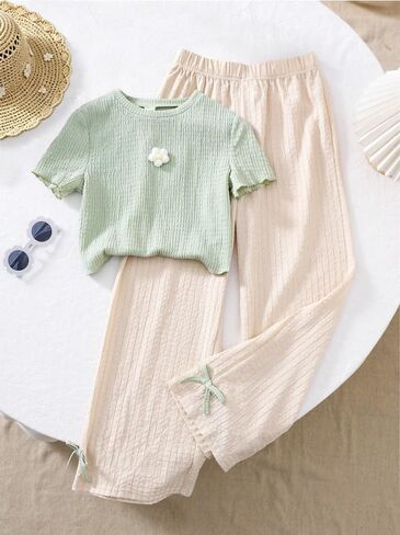 Summer 2-piece set for teen girls: jacquard top and textured wide-leg pants in Kuwait