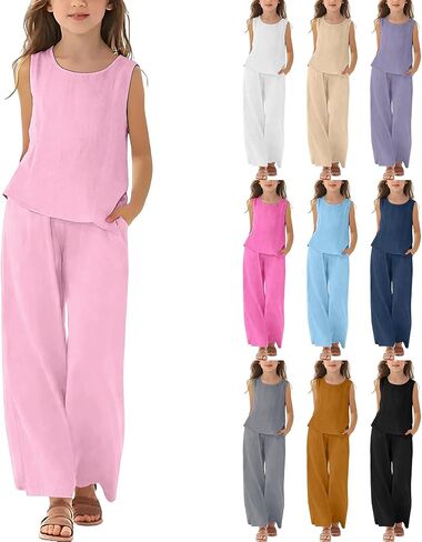 2 Piece Linen Set for Girls Cotton Linen Lounge Sets Tank Tops Matching Wide Leg Pants Kids Spring Summer Vacation Outfits in Kuwait