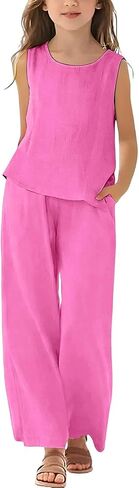2 Piece Linen Set for Girls Cotton Linen Lounge Sets Tank Tops Matching Wide Leg Pants Kids Spring Summer Vacation Outfits in Kuwait