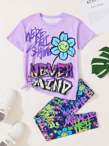 Young Girls Outfits Graphic Comfy Casual Summer 2 Piece Little Kid Pant Set in Kuwait