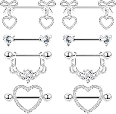 4 Pairs 14G G23 Titanium Nipple Rings for Women Heart Bow CZ Barbell Nipple Rings Set Hypoallergenic Barbell Nipple Ring Cute Tongue Ring Nipple Piercing Jewelry in Kuwait