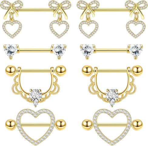 4 Pairs 14G G23 Titanium Nipple Rings for Women Heart Bow CZ Barbell Nipple Rings Set Hypoallergenic Barbell Nipple Ring Cute Tongue Ring Nipple Piercing Jewelry in Kuwait