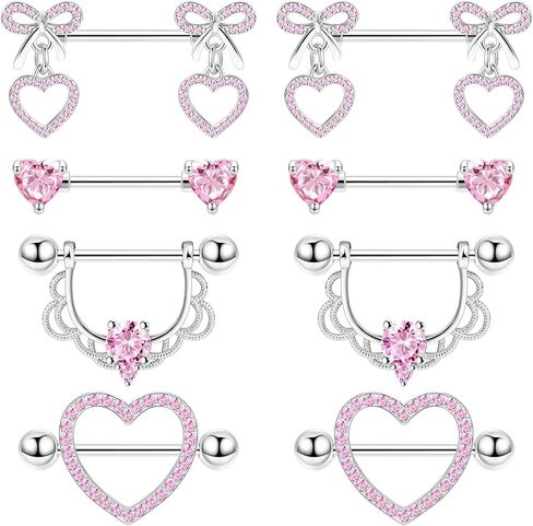 4 Pairs 14G G23 Titanium Nipple Rings for Women Heart Bow CZ Barbell Nipple Rings Set Hypoallergenic Barbell Nipple Ring Cute Tongue Ring Nipple Piercing Jewelry in Kuwait
