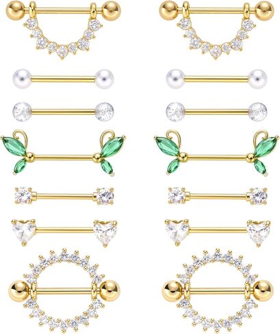 G&O JFU 7 Pairs 14G Nipple Rings Set – Stainless Steel Straight Barbell with CZ Stones, Gold Plated & Silver Tone, Butterfly Back Pink Nipple Piercing Jewelry for Women in Saudi Arabia
