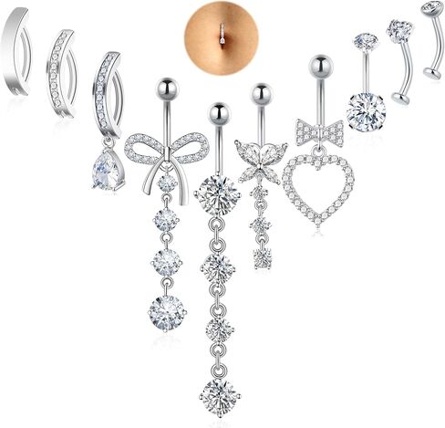 10 Pcs Belly Button Ring Dangle Hypoallergenic Surgical Stainless Steel Heart Bow Butterfly Dangly Belly Rings for Women Clicker Floating Navel Piercing Jewelry 14G in Saudi Arabia