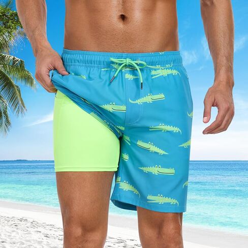 Mens Swim Trunks Swimsuits Board Beach Shorts with Compression Liner 7'' Inseam Quick Dry Board Trunks 1 Pack Swimwear in Kuwait