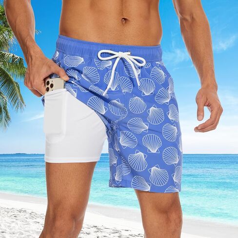 Mens Swim Trunks Swimsuits Board Beach Shorts with Compression Liner 7'' Inseam Quick Dry Board Trunks 1 Pack Swimwear in Kuwait