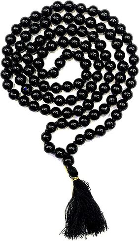 Sphatik Japa Mala 108+1 خرز - قلادة مسبحة كريستال كوارتز أصلية وعقيق أسود، تأمل شفاء ويوجا مالا، جاب مالا الروحية للجنسين، خرز من الأحجار الكريمة الطبيعية المعتمدة in Kuwait