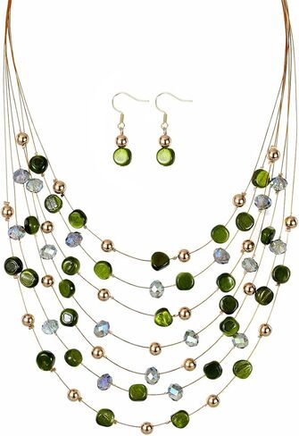 Perla Multi-Layer Boho Shell Beaded Necklace for Women, Colorful Shell Glass Strand with Gold/Silver Beads Statement Collars Necklace and Earrings, Costumes Jewelry Sets for Women in Saudi Arabia