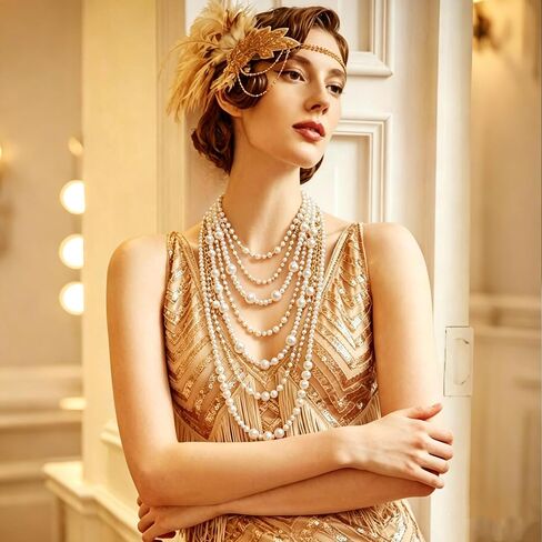 Flyonce متعدد الطبقات فو اللؤلؤ قلادة للنساء، خمر غاتسبي 1920s مستوحاة مكتنزة بيان سلسلة طويلة حبلا القلائد هالوين زي تأثيري حزب مجوهرات الزفاف للعرائس كريم in Kuwait