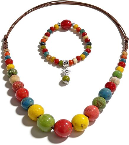 Boho Hippie Colorful Ceramic Beads Watermelon Shaped Colorful Beaded Necklaces Bracelet for Women,Bohemian Summer Beach Jewelry Gift for Women in Kuwait