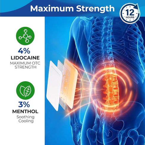 16Pcs Lidocaine Patches, 4% Lidocaine & 3% Menthol - Maximum Strength, Waterproof Patch with Auxiliary Adhesive Layer (12 Non-Woven + 4 PU Film) for Back, Neck, Shoulder, Joint & Muscle Discomfort in Saudi Arabia
