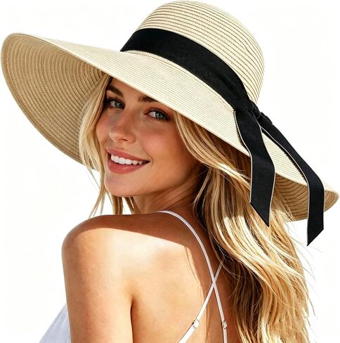 Womens Beach Sun Straw Hat Oversize Wide Brim Beach Roll up Hats Floppy Foldable Summer Hat Vacation UPF 50+ in Saudi Arabia