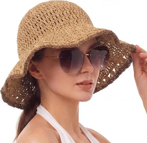 Eurzom Wide Brim Straw Bucket Hats for Women Summer Beach Sun Hat Foldable Packable Outdoor Travel Fedora Hat UV Protection in Kuwait