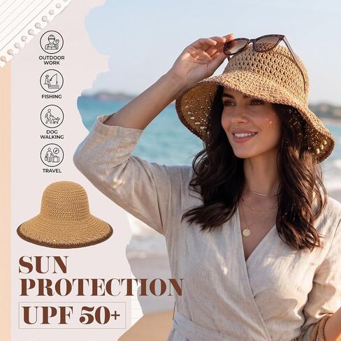 Eurzom Wide Brim Straw Bucket Hats for Women Summer Beach Sun Hat Foldable Packable Outdoor Travel Fedora Hat UV Protection in Kuwait