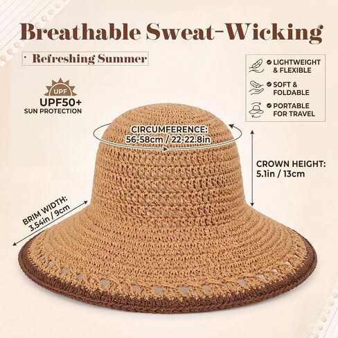 Eurzom Wide Brim Straw Bucket Hats for Women Summer Beach Sun Hat Foldable Packable Outdoor Travel Fedora Hat UV Protection in Kuwait