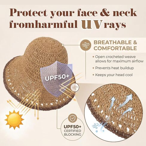 Eurzom Wide Brim Straw Bucket Hats for Women Summer Beach Sun Hat Foldable Packable Outdoor Travel Fedora Hat UV Protection in Kuwait