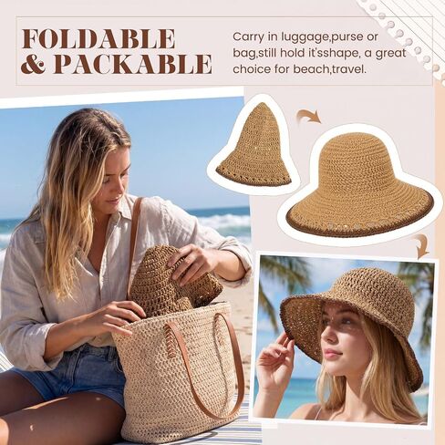 Eurzom Wide Brim Straw Bucket Hats for Women Summer Beach Sun Hat Foldable Packable Outdoor Travel Fedora Hat UV Protection in Kuwait