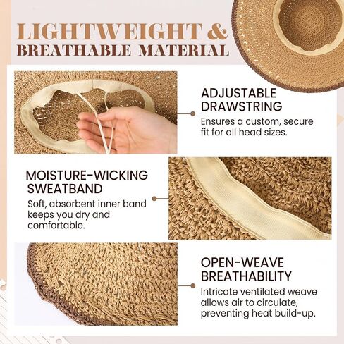 Eurzom Wide Brim Straw Bucket Hats for Women Summer Beach Sun Hat Foldable Packable Outdoor Travel Fedora Hat UV Protection in Kuwait