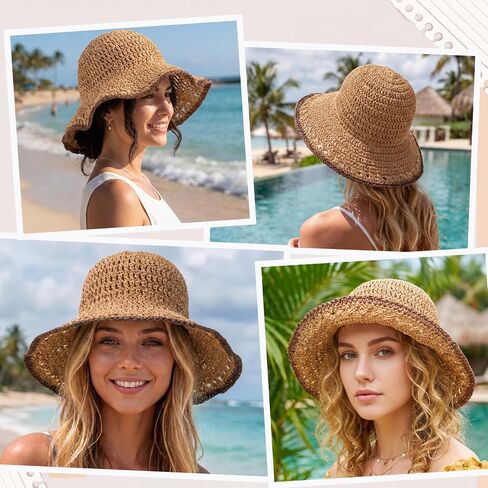 Eurzom Wide Brim Straw Bucket Hats for Women Summer Beach Sun Hat Foldable Packable Outdoor Travel Fedora Hat UV Protection in Kuwait