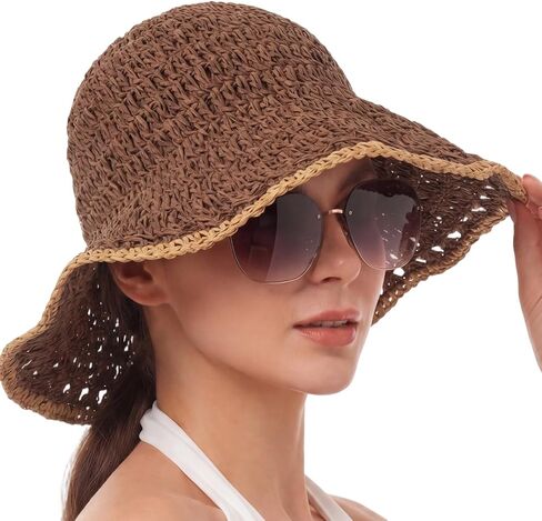 Eurzom Wide Brim Straw Bucket Hats for Women Summer Beach Sun Hat Foldable Packable Outdoor Travel Fedora Hat UV Protection in Kuwait