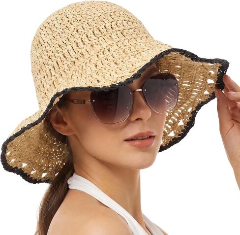 Eurzom Wide Brim Straw Bucket Hats for Women Summer Beach Sun Hat Foldable Packable Outdoor Travel Fedora Hat UV Protection in Kuwait
