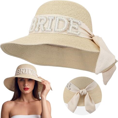 Bride Beach Hat Gift Sun Straw Floppy Hat Bridal Shower Bachelorette Gift for Women Wedding Engagement Party Beige in Kuwait