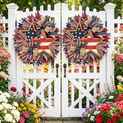 250th Anniversary Patriotic Star Wreath, 15.7'' Red White and Blue Wreath All-Weather Farmhouse Outdoor Holiday Decoration, Memorial Wreath for Front Door, 4th of July Garland for Home Wall Porch in Kuwait