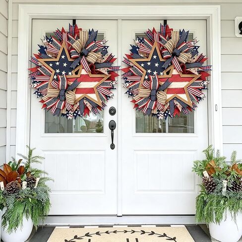 250th Anniversary Patriotic Star Wreath, 15.7'' Red White and Blue Wreath All-Weather Farmhouse Outdoor Holiday Decoration, Memorial Wreath for Front Door, 4th of July Garland for Home Wall Porch in Kuwait