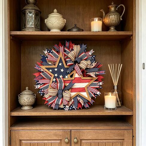 250th Anniversary Patriotic Star Wreath, 15.7'' Red White and Blue Wreath All-Weather Farmhouse Outdoor Holiday Decoration, Memorial Wreath for Front Door, 4th of July Garland for Home Wall Porch in Kuwait