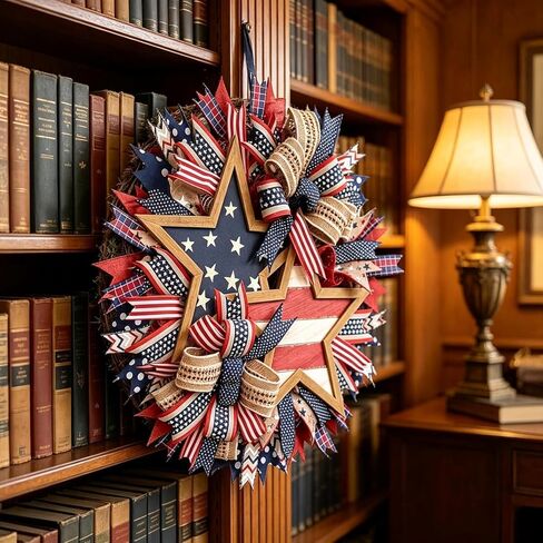 250th Anniversary Patriotic Star Wreath, 15.7'' Red White and Blue Wreath All-Weather Farmhouse Outdoor Holiday Decoration, Memorial Wreath for Front Door, 4th of July Garland for Home Wall Porch in Kuwait