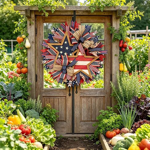 250th Anniversary Patriotic Star Wreath, 15.7'' Red White and Blue Wreath All-Weather Farmhouse Outdoor Holiday Decoration, Memorial Wreath for Front Door, 4th of July Garland for Home Wall Porch in Kuwait