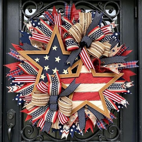 250th Anniversary Patriotic Star Wreath, 15.7'' Red White and Blue Wreath All-Weather Farmhouse Outdoor Holiday Decoration, Memorial Wreath for Front Door, 4th of July Garland for Home Wall Porch in Kuwait