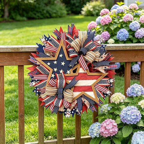 250th Anniversary Patriotic Star Wreath, 15.7'' Red White and Blue Wreath All-Weather Farmhouse Outdoor Holiday Decoration, Memorial Wreath for Front Door, 4th of July Garland for Home Wall Porch in Kuwait